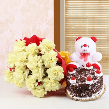 Yellow Carnation With Cake & Teddy